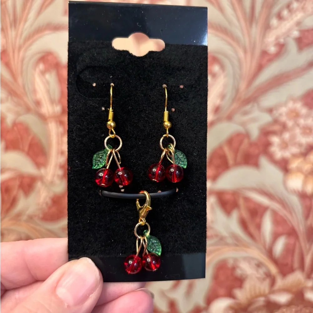 Fun new 3pc set Red and Green Cherry Earrings with matching charm